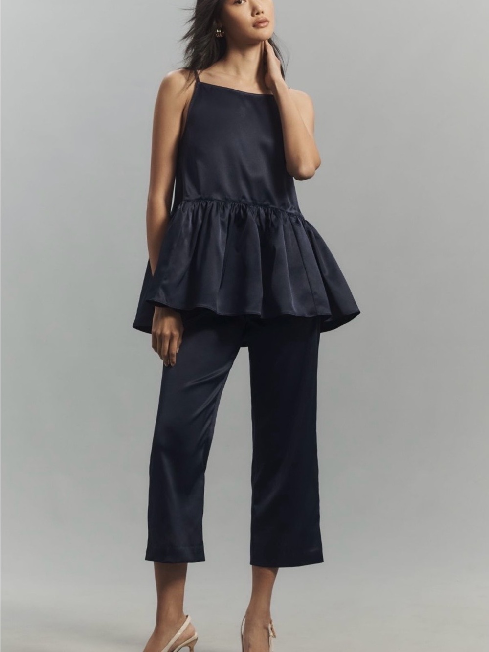 Anthropologie Navy Satin Crop Pants Set - NWT (marching camisole also available